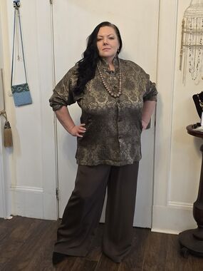 eskandar Brocade Olive Tunic with Chocolate Wide-Leg Pants